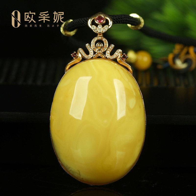 蜜蜡吊坠【珍藏妖花大蛋面】天然琥珀18k金镶白花满蜜蜡挂坠俄料