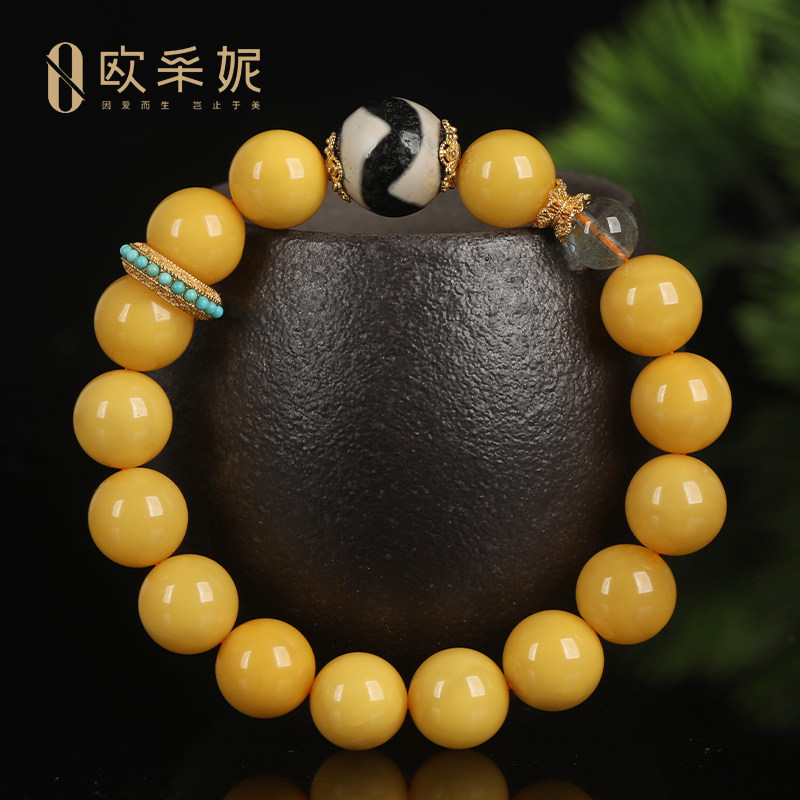 欧采妮蜜蜡手串天然琥珀原石圆珠配绿松跑环天珠手链首饰波罗的海