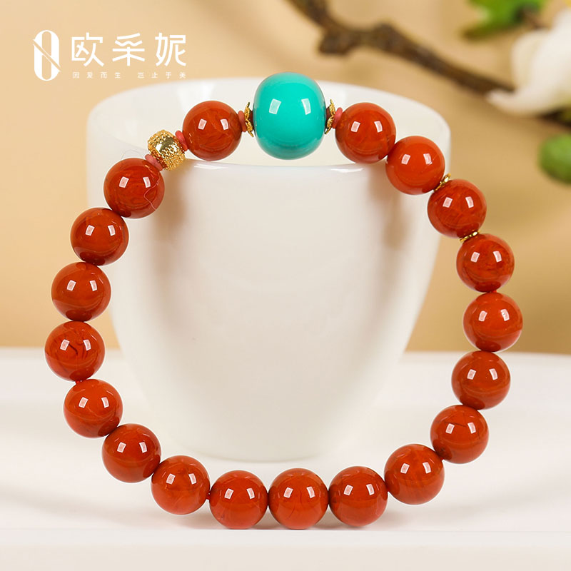 欧采妮南红手串天然凉山18k金路路通牛血红玛瑙绿松大桶珠diy手链