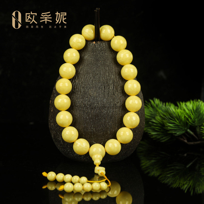 蜜蜡手串【珍藏18子手持】天然琥珀原石浓白花蜡佛珠大圆珠手链