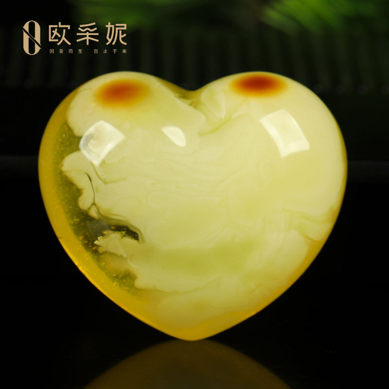 欧采妮蜜蜡吊坠【一物一图孤品意境白花爱心】天然琥珀心型挂件