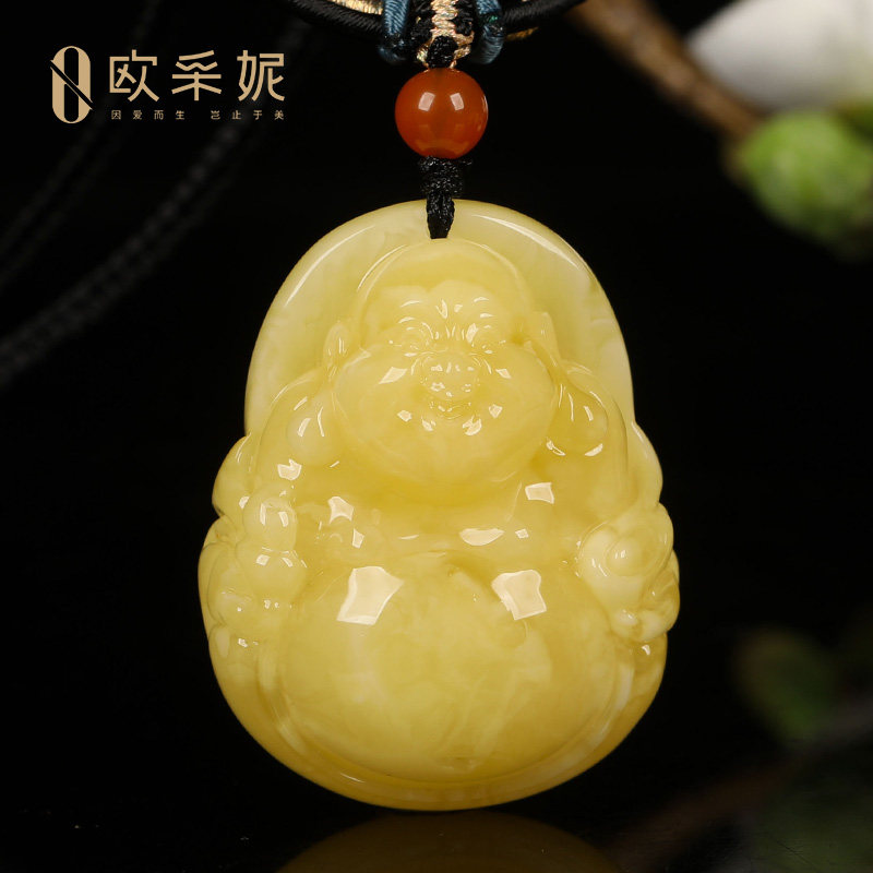 欧采妮蜜蜡吊坠【孤品大肚弥勒佛】天然琥珀原石白花满蜜雕刻挂坠