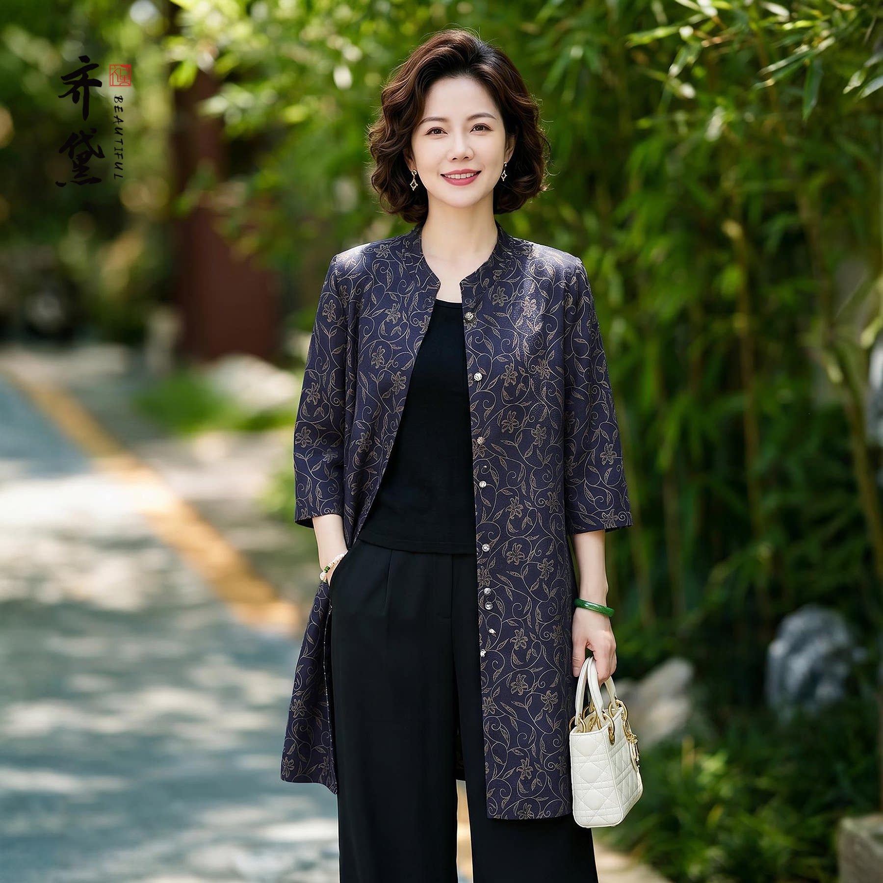 2026新款香云纱上衣女七分袖真丝提花中长款风衣外套大气妈妈衣服