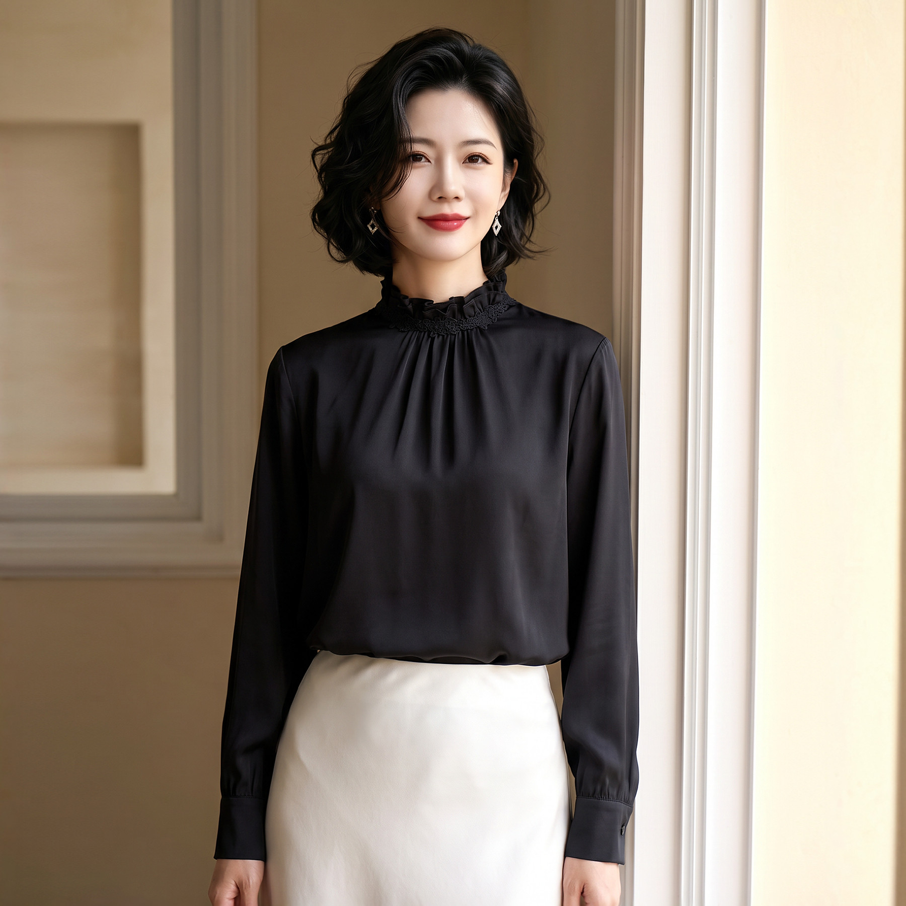 雅颂杭州品牌黑色真丝衬衫2026秋新款女装高端桑蚕丝气质妈妈上衣
