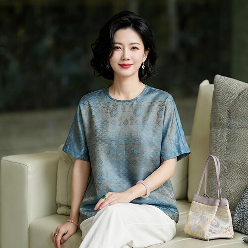 原创高端浮光锦上衣2026新款秋季宽松轻薄中年妈妈桑蚕丝短袖t恤