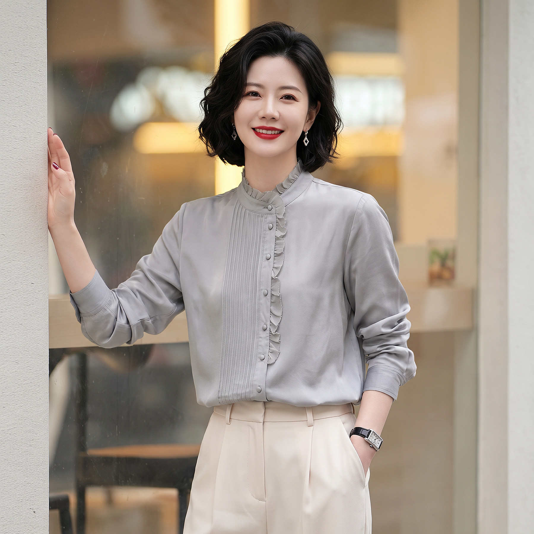 雅颂真丝双绉木耳边领褶饰通勤长袖衬衫女秋季新款桑蚕丝衬衣T恤