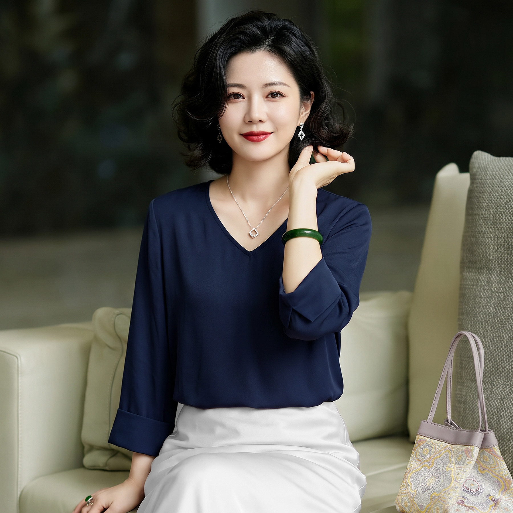 妈妈V领真丝衬衫女套头七分袖2026年秋季新款杭州桑蚕丝缎面上衣