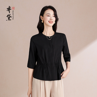 齐黛品牌黑色重磅真丝上衣女2026春夏新款五分袖桑蚕丝小衫体恤