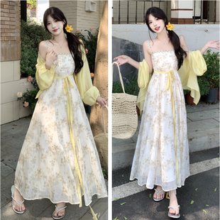 大码夏季温柔风减龄套装女胖mm显瘦防晒开衫碎花吊带连衣裙两件套
