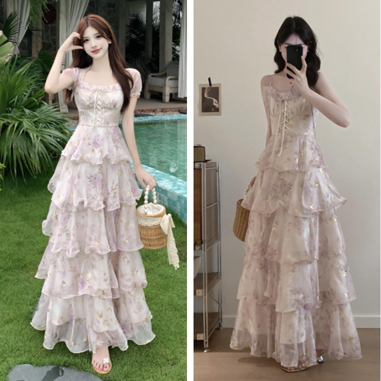 大码度假风碎花挂脖连衣裙女夏季胖MM收腰显瘦绑带a字蛋糕长裙子
