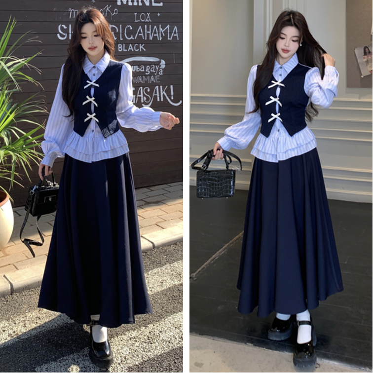 大码甜美学院风套装长裙女春秋胖mm条纹衬衫拼接上衣半身裙两件套,女装/女士精品,大码套装,淘宝优惠券,粉丝福利购,淘宝优惠卷