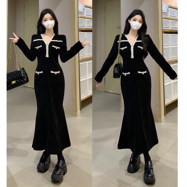 大码高级感小香风鱼尾连衣裙女秋冬微胖mm显瘦收腰气质打底长裙子