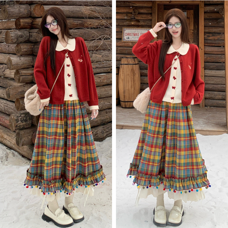 红色毛衣+彩色格子半身裙套装女