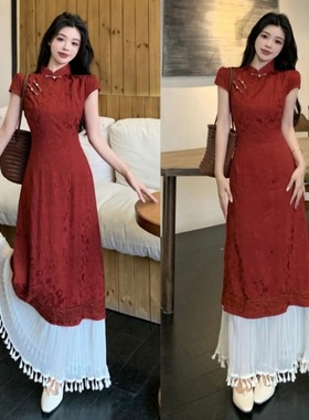 大码新中式假两件红色旗袍连衣裙女夏季胖mm气质显瘦刺绣流苏长裙