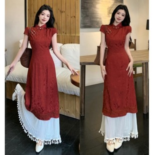 大码新中式假两件红色旗袍连衣裙女夏季胖mm气质显瘦刺绣流苏长裙