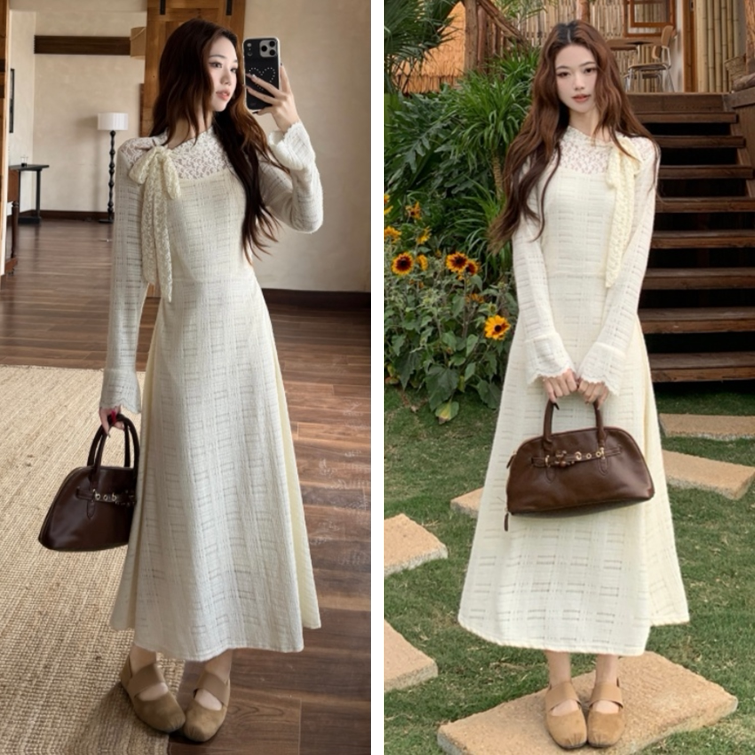 大码温柔绑带蝴蝶结长袖蕾丝连衣裙女春秋胖mm显瘦收腰打底长裙子