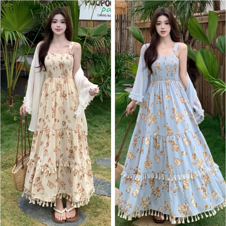 大码度假风碎花连衣裙女夏季胖mm气质收腰流苏吊带长裙开衫两件套