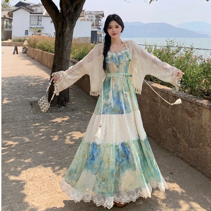 大码度假油画花边吊带连衣裙女夏季胖mm超仙长裙民族风开衫两件套,女装/女士精品,连衣裙,淘宝优惠券,粉丝福利购,淘宝优惠卷