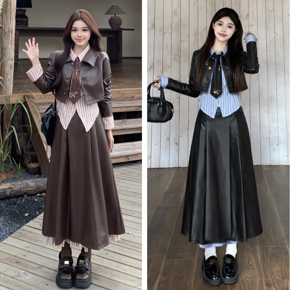 大码美拉德短款pu皮衣外套半身裙女春秋胖mm显瘦条纹衬衫三件套装