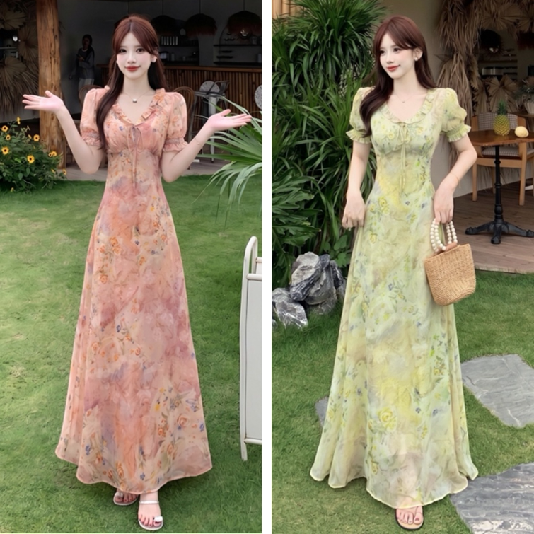 大码法式甜美木耳边V领碎花连衣裙女夏季胖MM绝美收腰显瘦长裙子