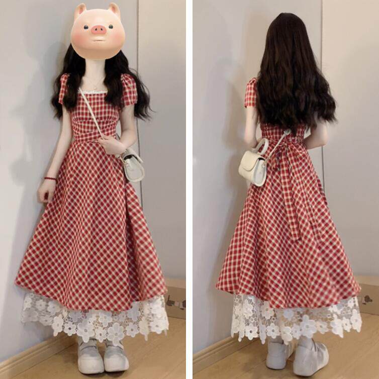 大码法式甜美蕾丝拼接连衣裙女夏季胖mm设计感收腰显瘦A字长裙子