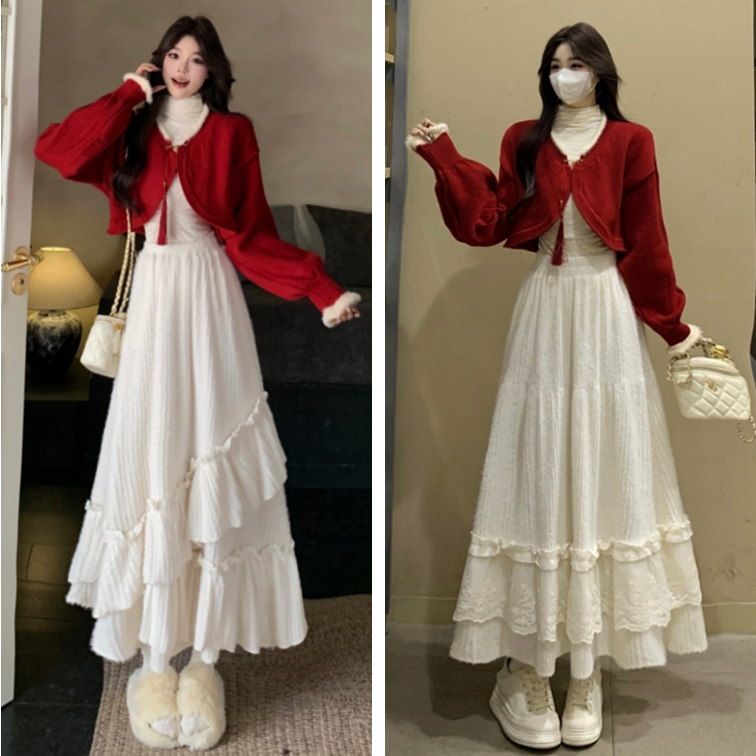 大码气质新年红色毛衣连衣裙女秋冬胖mm设计感针织外套半身裙套装