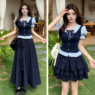 拼接衬衫 大码 胖mm短袖 连衣裙女夏装 半身裙子两件套 甜美学院风套装