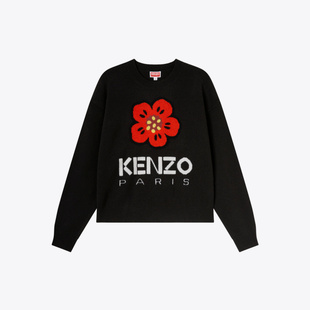KENZO高田贤三女士小红花图案字母logo黑色圆领毛衣FD62PU4303LD