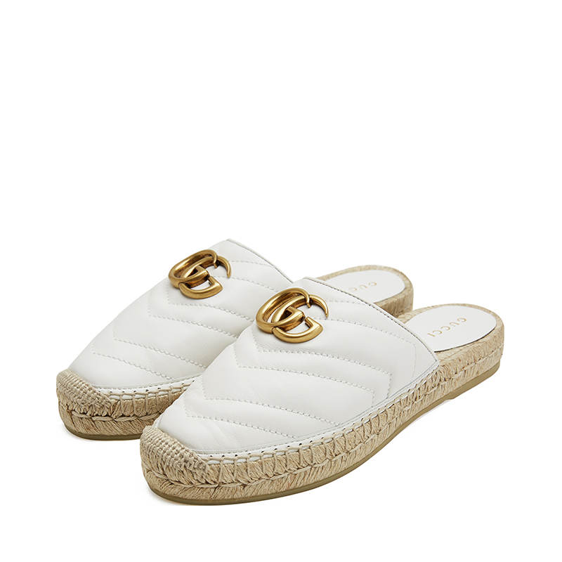 新款Gucci/古驰女鞋草编底羊皮渔夫鞋舒适休闲凉拖鞋551881 BKO00