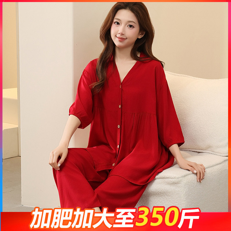 中年妈妈夏季棉绸睡衣套装