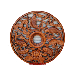 东阳木雕吊顶圆形灯盘中式天花板仿古实木雕刻镂空雕花板荷花鲤鱼