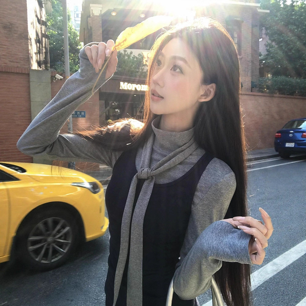 韩系灰色高领长袖T恤女秋冬季内搭修身打底衫上衣背心叠穿两件套
