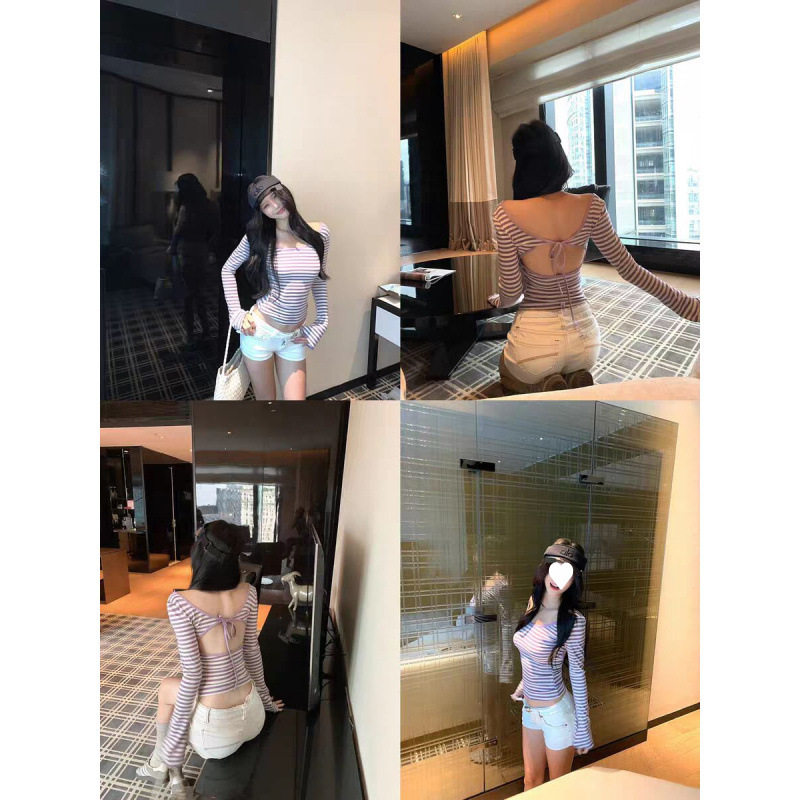 纯欲辣妹绑带露背条纹长袖T恤女早秋季设计感修身显瘦气质U领上衣