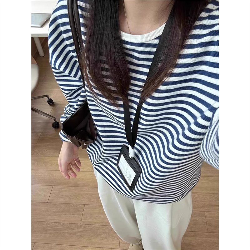 原版面料韩版蓝白条纹卫衣女款秋季chic松弛感慵懒风宽松长袖上衣