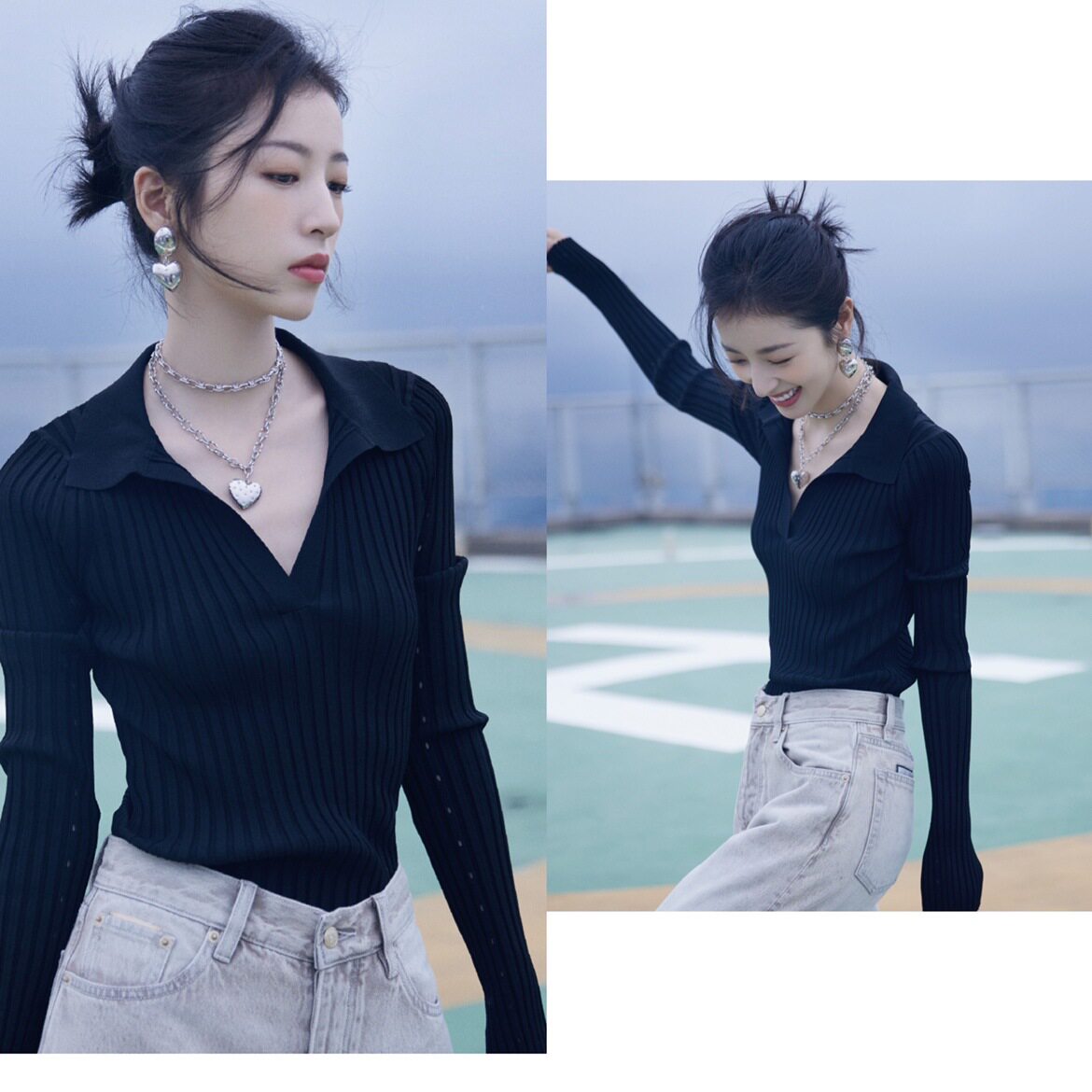 周雨彤 明星同款 初秋翻v领款坑条针织修身打底衫女装跨境货源
