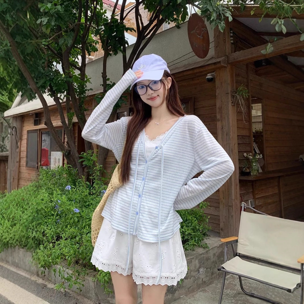 韩系条纹系带薄款天丝防晒针织衫女2026夏季新款宽松V领上衣开衫