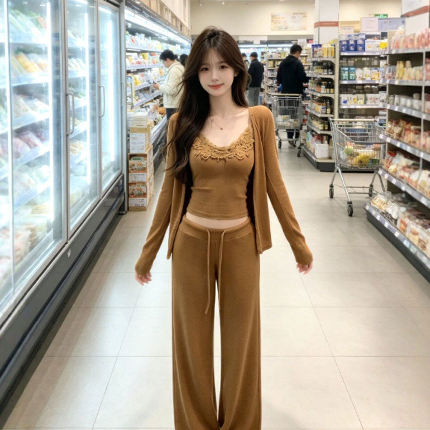 韩系休闲穿搭套装女早秋季纯欲巨好看棕色开衫蕾丝吊带阔腿长裤子