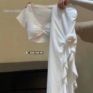 辣妹纯欲镂空T恤露脐上衣套装女夏季高腰不规则花朵开叉半身裙子