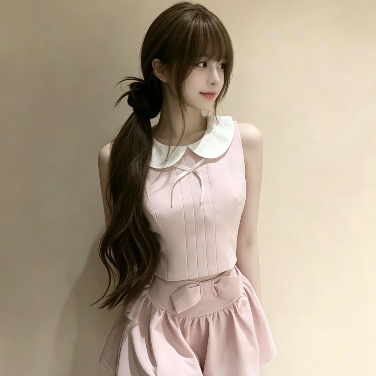 纯欲风蝴蝶结娃娃领无袖上衣夏季新款辣妹百搭褶皱半身裙两件套女