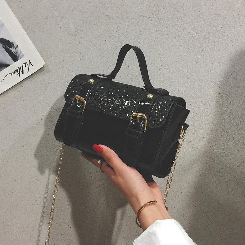 ins超火亮片小包包女2020新款韩版洋气漆皮波士顿链条单肩斜挎包