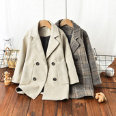 男女童大衣中大童洋气格子西服 儿童毛呢外套春秋款 清仓