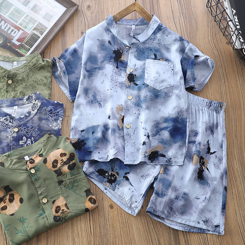 男童套装夏季2026新款儿童短袖短裤两件套中大童薄款人造棉空调服