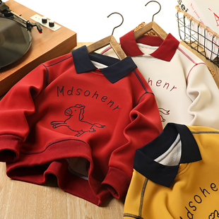 男童加绒卫衣秋冬装马年过年款儿童红色加厚上衣2026中大童拜年服