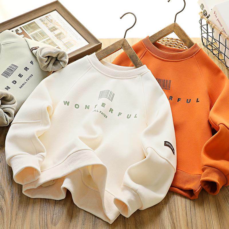 男童加绒卫衣秋冬2024新款百搭儿童加厚上衣中大童洋气男孩打底衫