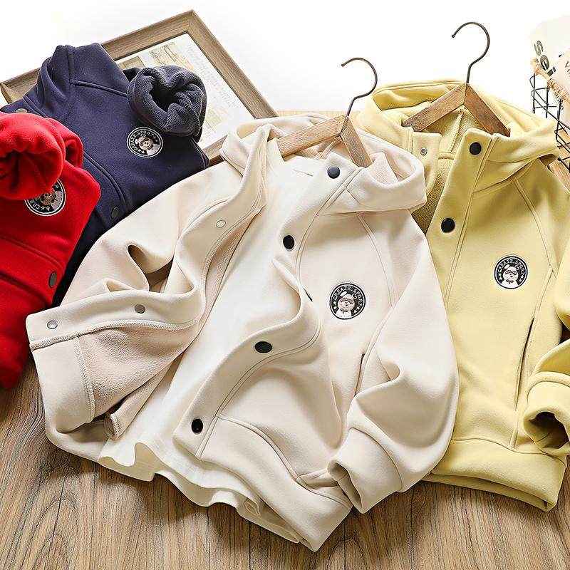 男童加绒防风外套秋冬2024新款儿童连帽加厚棒球服中大童洋气上衣