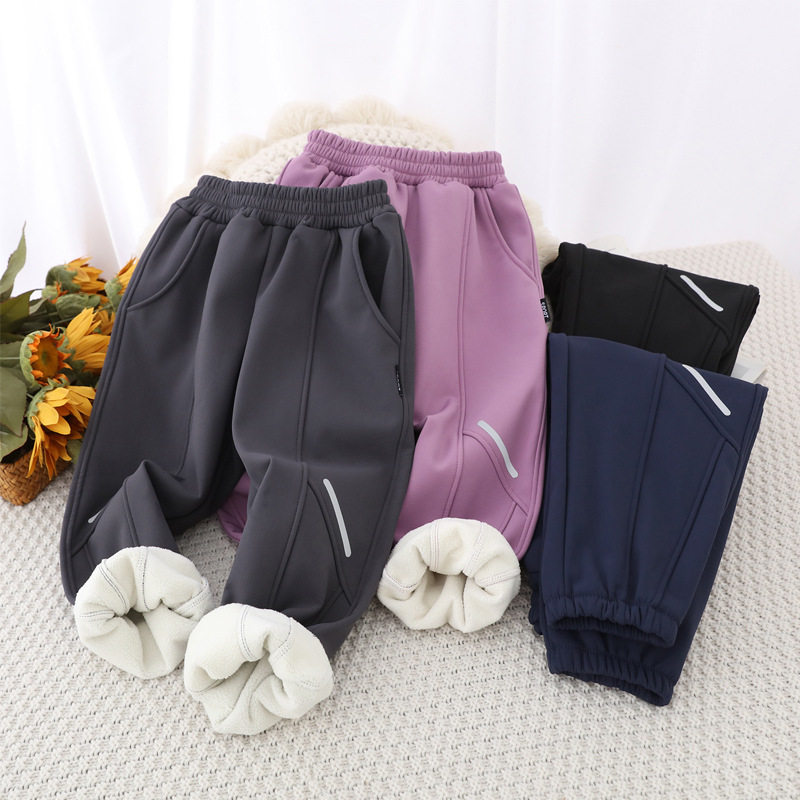 儿童速干加绒裤子2025新款冬季机能裤加厚男女童反光条运动卫裤潮