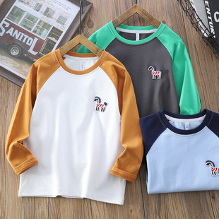 男童纯棉打底衫春秋2026新款儿童插肩袖洋气T恤中大童时髦长袖潮