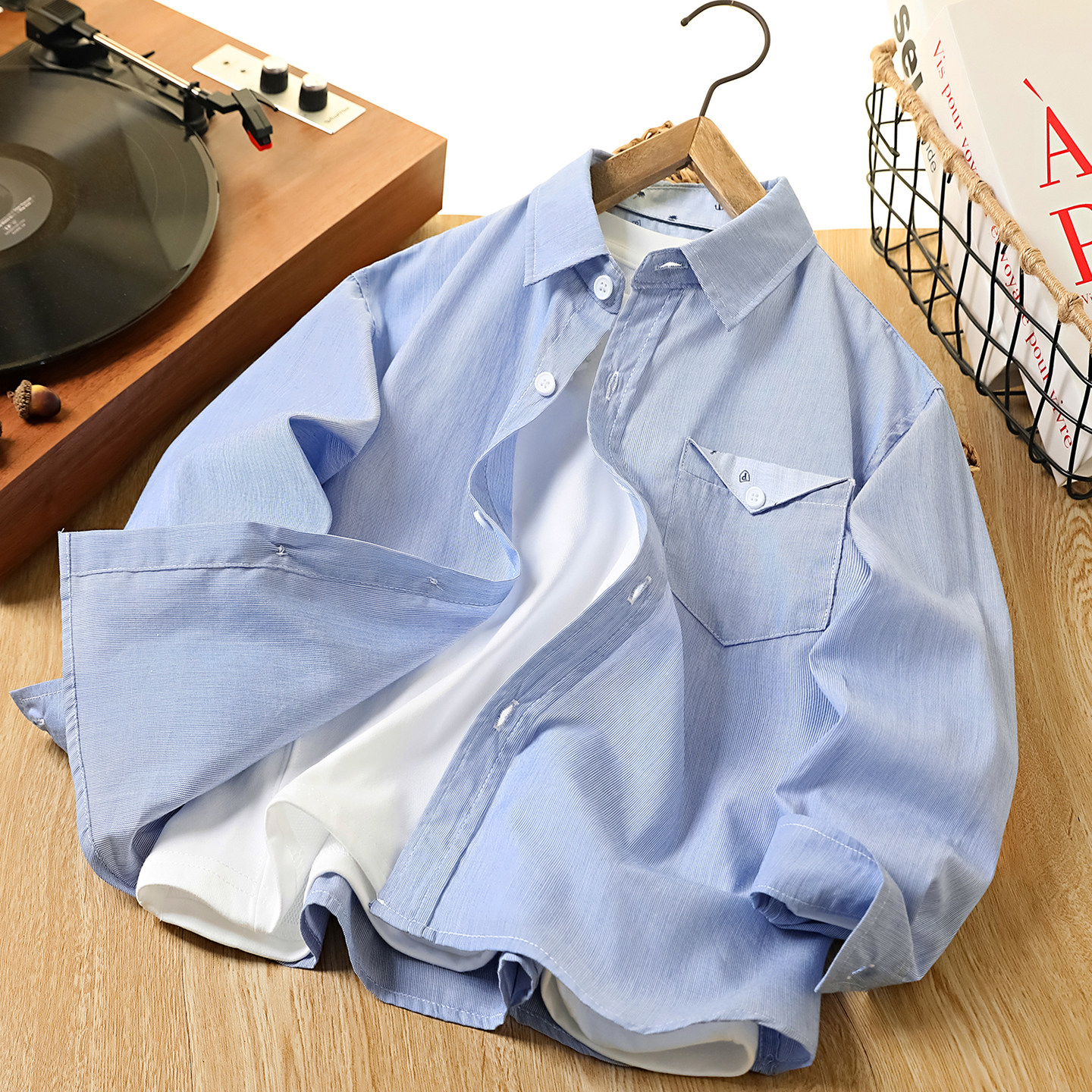 男童长袖衬衫春秋2026新款儿童薄款翻领衬衣外套中大童纯棉上衣潮