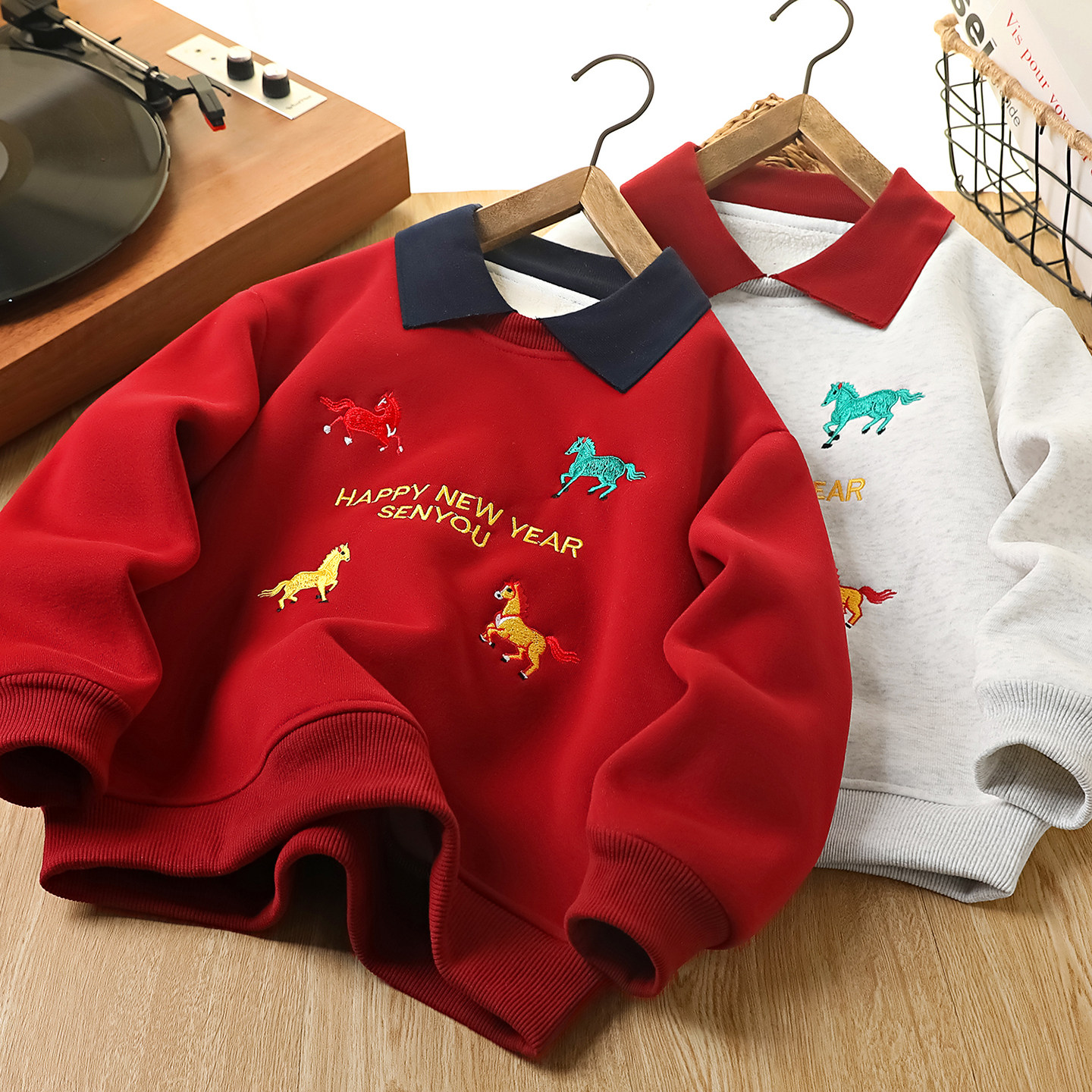男童加绒红色卫衣2026马年儿童新年拜年服中大童过年洋气上衣冬装