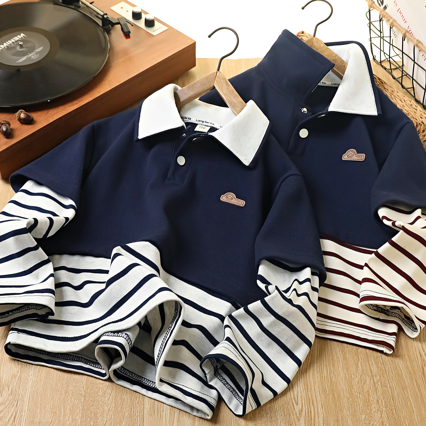 男童长袖T恤春秋2026新款儿童假两件翻领上衣中大童洋气polo衫潮